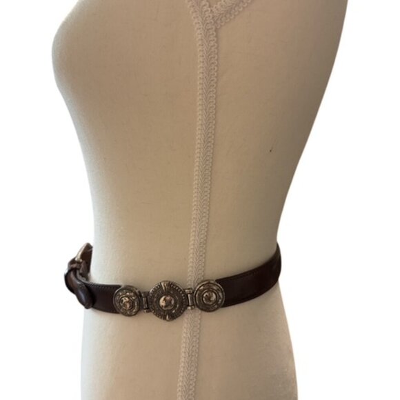 Fossil Skinny Belt Brown Leather Womens S Ornate Silver Metal Buckle and Keeper - Picture 10 of 11